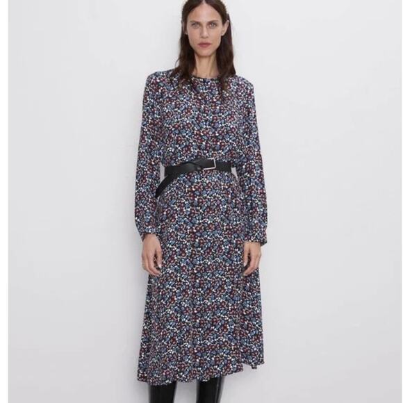 Zara Floral Button Long Sleeve Midi Swing Dress in Wine Red & Blue Medium - Picture 1 of 10